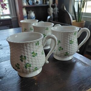 Vintage Nantucket Home Irish shamrock clover basket weave coffee mug set 4 cups